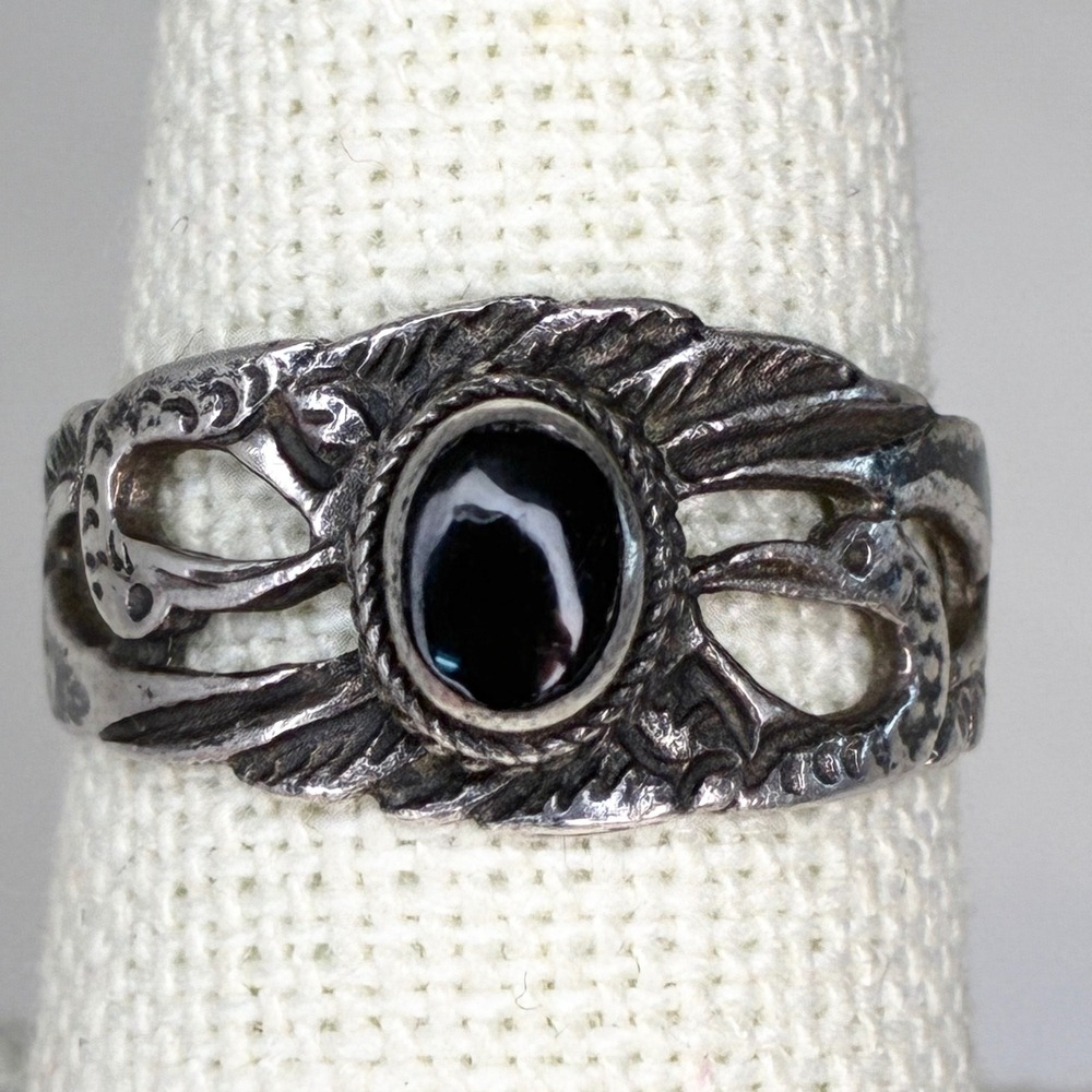 Vintage Sterling Silver Ring 925 HVP Black Cabochon Danish Mid Century RARE 8.25